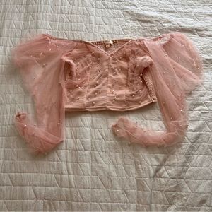 Off shoulder mesh pearl long sleeve
